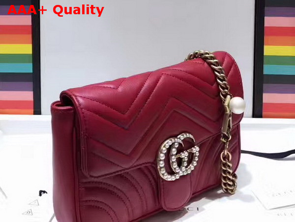 Gucci Mini GG Marmont Matelasse Shoulder Bag in Red with Double G Hardware Enriched with Pearls Replica