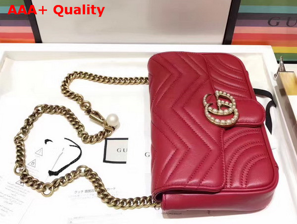 Gucci Mini GG Marmont Matelasse Shoulder Bag in Red with Double G Hardware Enriched with Pearls Replica