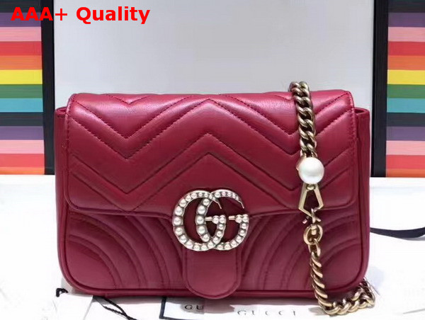 Gucci Mini GG Marmont Matelasse Shoulder Bag in Red with Double G Hardware Enriched with Pearls Replica