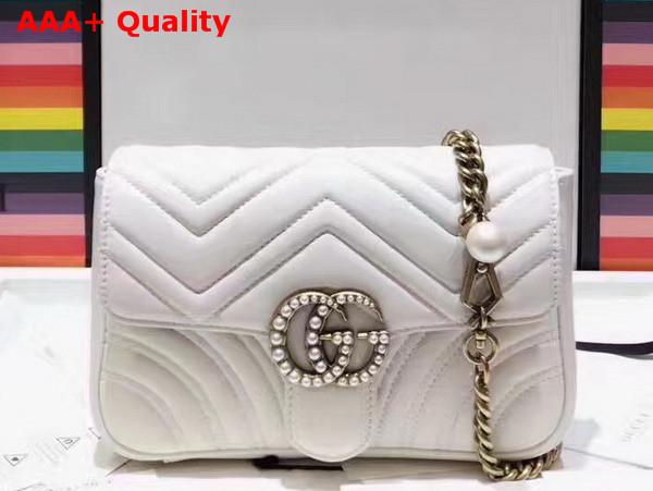 Gucci Mini GG Marmont Matelasse Shoulder Bag in White with Double G Hardware Enriched with Pearls Replica