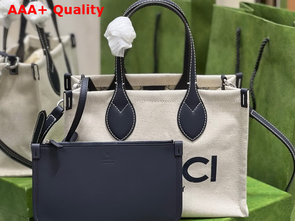 Gucci Mini Tote Bag with Gucci Print Beige Cotton Linen Canvas Blue Leather Trim 772144 Replica