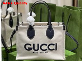 Gucci Mini Tote Bag with Gucci Print Beige Cotton Linen Canvas Blue Leather Trim 772144 Replica