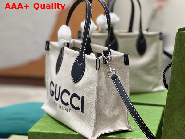 Gucci Mini Tote Bag with Gucci Print Beige Cotton Linen Canvas Blue Leather Trim 772144 Replica