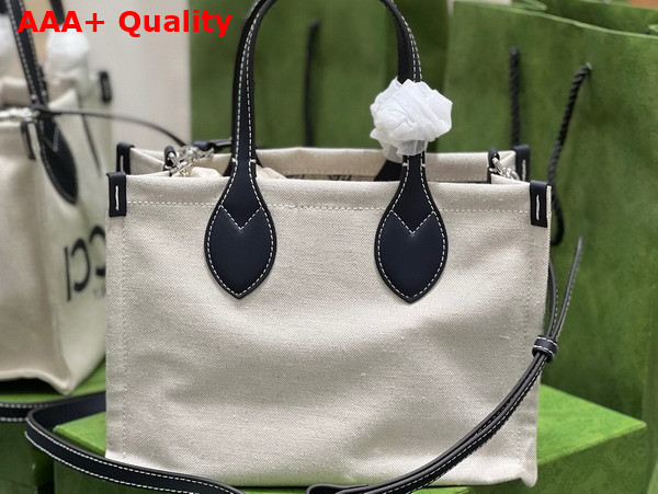 Gucci Mini Tote Bag with Gucci Print Beige Cotton Linen Canvas Blue Leather Trim 772144 Replica