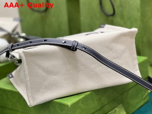 Gucci Mini Tote Bag with Gucci Print Beige Cotton Linen Canvas Blue Leather Trim 772144 Replica