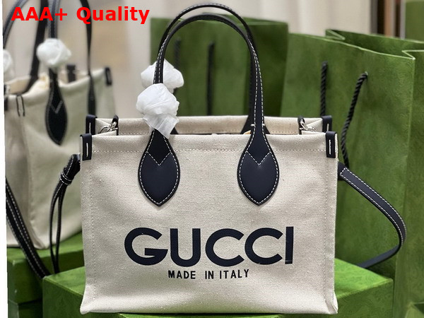 Gucci Mini Tote Bag with Gucci Print Beige Cotton Linen Canvas Blue Leather Trim 772144 Replica