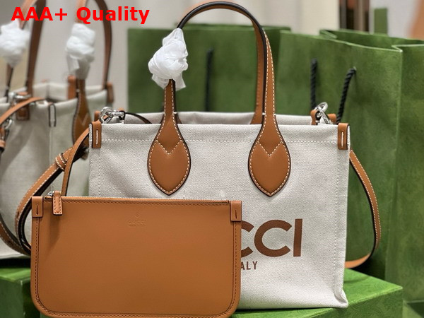 Gucci Mini Tote Bag with Gucci Print Beige Cotton Linen Canvas Light Brown Leather Trim 772144 Replica