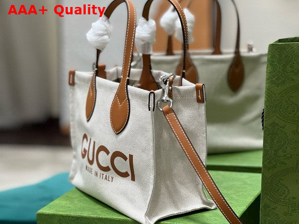 Gucci Mini Tote Bag with Gucci Print Beige Cotton Linen Canvas Light Brown Leather Trim 772144 Replica