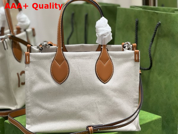 Gucci Mini Tote Bag with Gucci Print Beige Cotton Linen Canvas Light Brown Leather Trim 772144 Replica