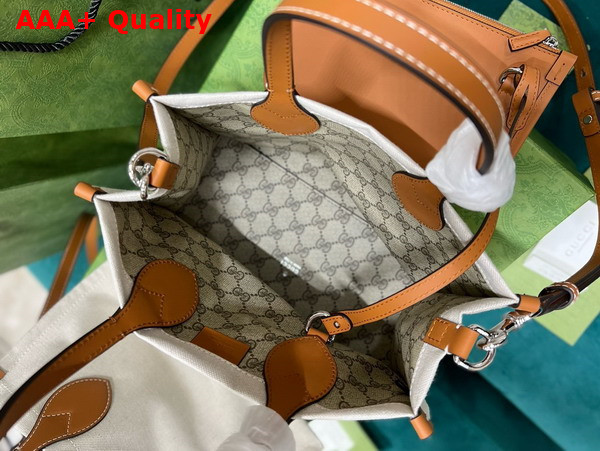 Gucci Mini Tote Bag with Gucci Print Beige Cotton Linen Canvas Light Brown Leather Trim 772144 Replica