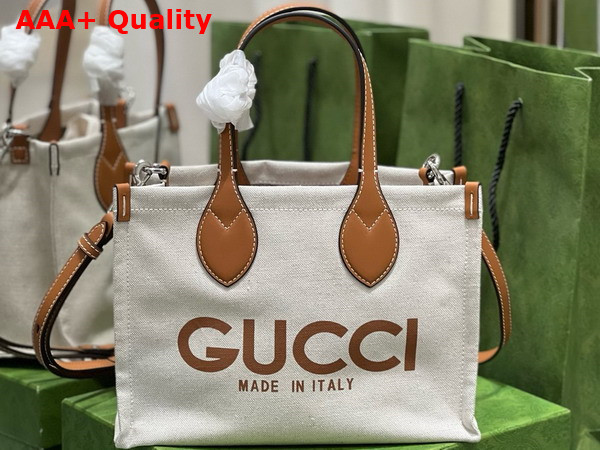 Gucci Mini Tote Bag with Gucci Print Beige Cotton Linen Canvas Light Brown Leather Trim 772144 Replica