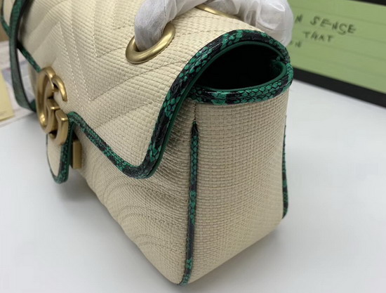 Gucci Online Exclusive GG Marmont Raffia Small Shoulder Bag Beige Matelasse Chevron Raffia with a Heart Green Snakeskin Trim 443497