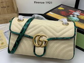 Gucci Online Exclusive GG Marmont Raffia Small Shoulder Bag Beige Matelasse Chevron Raffia with a Heart Green Snakeskin Trim 443497