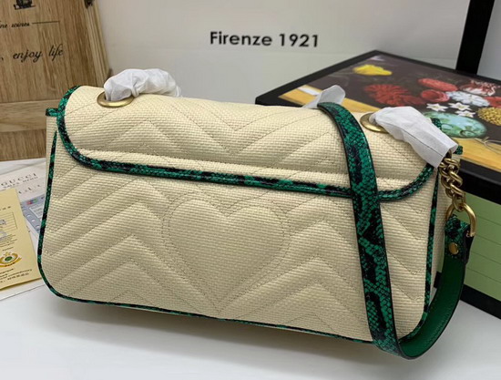 Gucci Online Exclusive GG Marmont Raffia Small Shoulder Bag Beige Matelasse Chevron Raffia with a Heart Green Snakeskin Trim 443497