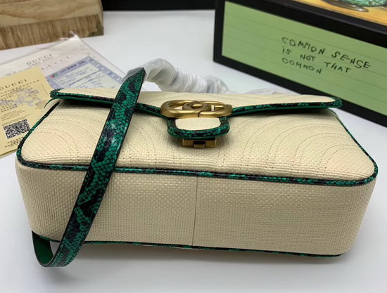 Gucci Online Exclusive GG Marmont Raffia Small Shoulder Bag Beige Matelasse Chevron Raffia with a Heart Green Snakeskin Trim 443497