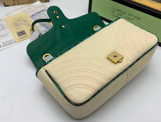 Gucci Online Exclusive GG Marmont Raffia Small Shoulder Bag Beige Matelasse Chevron Raffia with a Heart Green Snakeskin Trim 443497