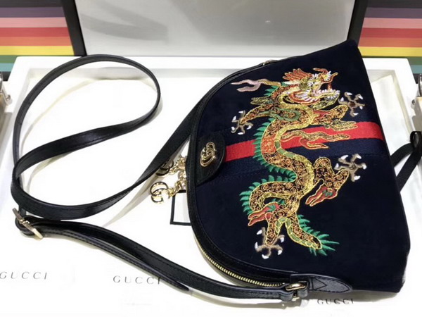 Gucci Ophidia Embroidered Small Shoulder Bag in Blue Suede