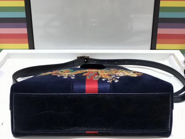 Gucci Ophidia Embroidered Small Shoulder Bag in Blue Suede