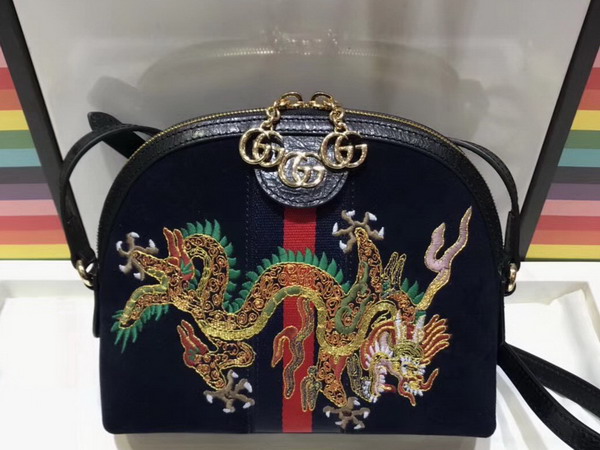 Gucci Ophidia Embroidered Small Shoulder Bag in Blue Suede