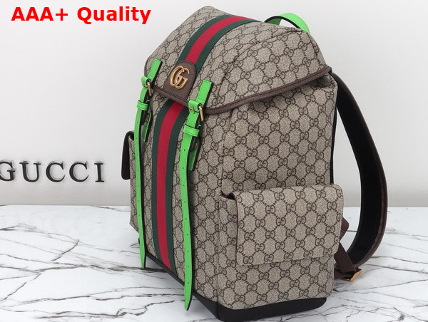 Gucci Ophidia GG Medium Backpack in Beige and Ebony GG Supreme Canvas with Bright Green and Brown Leather Trim 598140 Replica