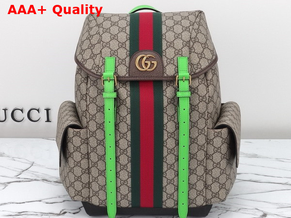 Gucci Ophidia GG Medium Backpack in Beige and Ebony GG Supreme Canvas with Bright Green and Brown Leather Trim 598140 Replica