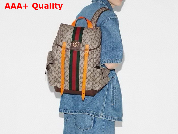 Gucci Ophidia GG Medium Backpack in Beige and Ebony GG Supreme Canvas with Bright Orange and Brown Leather Trim 598140 Replica