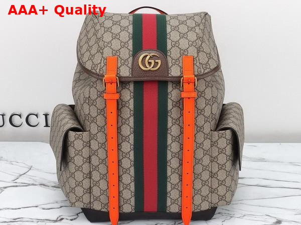 Gucci Ophidia GG Medium Backpack in Beige and Ebony GG Supreme Canvas with Bright Orange and Brown Leather Trim 598140 Replica