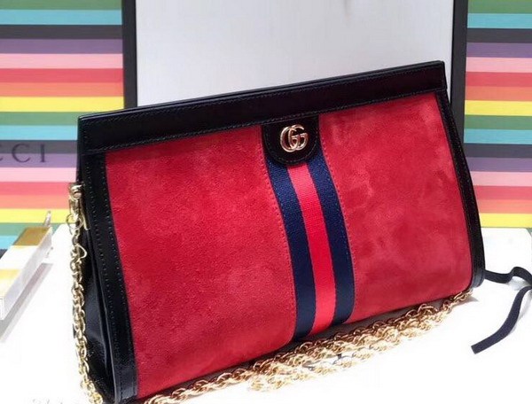 Gucci Ophidia GG Medium Shoulder Bag in Hibiscus Red Suede with Inlaid Web Stripe Detail