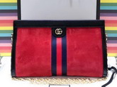 Gucci Ophidia GG Medium Shoulder Bag in Hibiscus Red Suede with Inlaid Web Stripe Detail