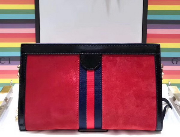 Gucci Ophidia GG Medium Shoulder Bag in Hibiscus Red Suede with Inlaid Web Stripe Detail