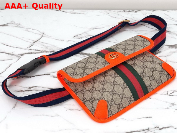 Gucci Ophidia GG Small Belt Bag in Beige and Ebony GG Supreme Canvas with Bright Orange Leather Trim 752597 Replica