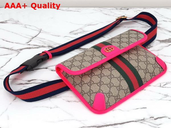 Gucci Ophidia GG Small Belt Bag in Beige and Ebony GG Supreme Canvas with Fuchsia Leather Trim 752597 Replica