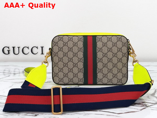 Gucci Ophidia GG Small Crossbody Bag in Beige and Ebony GG Supreme Canvas with Bright Green Leather Trim 699439 Replica