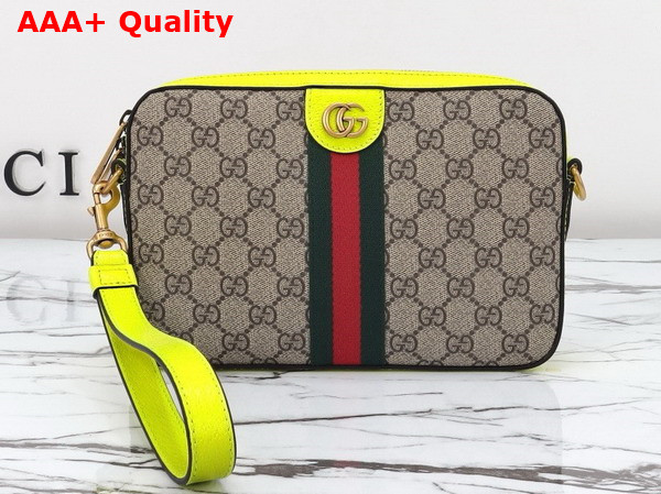 Gucci Ophidia GG Small Crossbody Bag in Beige and Ebony GG Supreme Canvas with Bright Green Leather Trim 699439 Replica