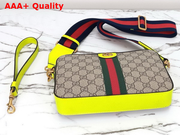 Gucci Ophidia GG Small Crossbody Bag in Beige and Ebony GG Supreme Canvas with Bright Green Leather Trim 699439 Replica