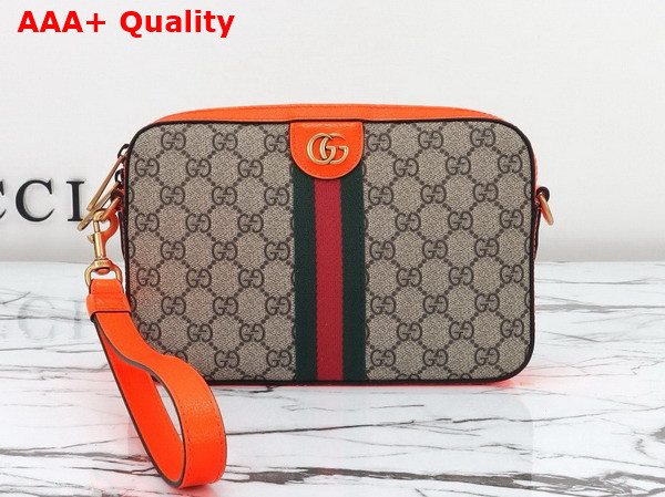 Gucci Ophidia GG Small Crossbody Bag in Beige and Ebony GG Supreme Canvas with Bright Orange Leather Trim 699439 Replica