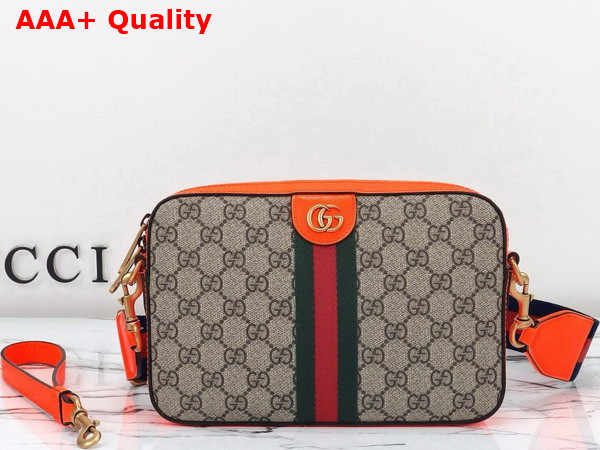 Gucci Ophidia GG Small Crossbody Bag in Beige and Ebony GG Supreme Canvas with Bright Orange Leather Trim 699439 Replica