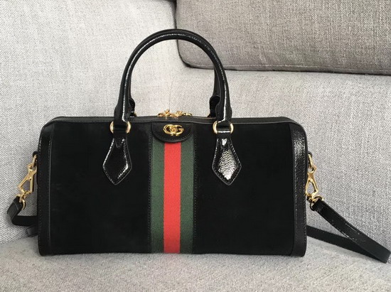 Gucci Ophidia Medium Top Handle Bag Black Suede with Black Patent Leather Trim