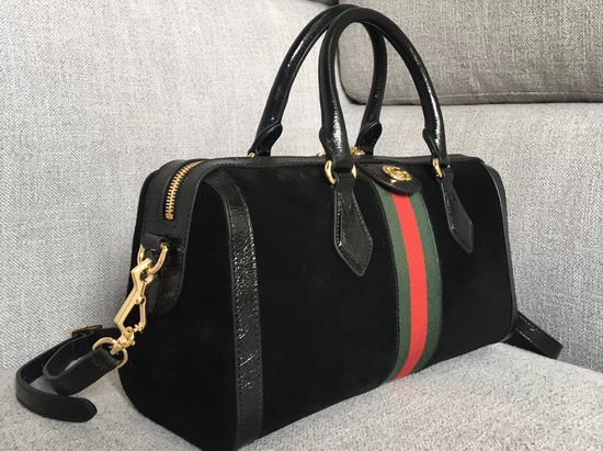 Gucci Ophidia Medium Top Handle Bag Black Suede with Black Patent Leather Trim