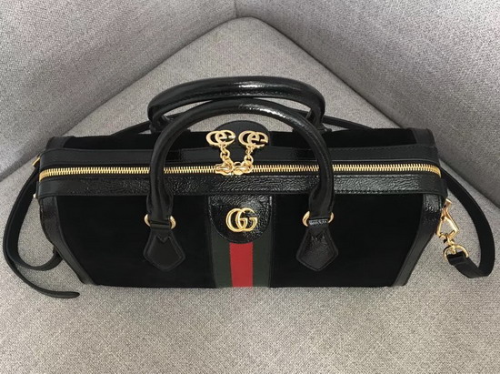 Gucci Ophidia Medium Top Handle Bag Black Suede with Black Patent Leather Trim