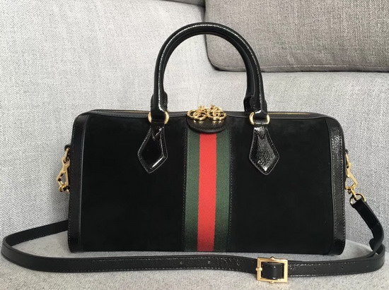 Gucci Ophidia Medium Top Handle Bag Black Suede with Black Patent Leather Trim