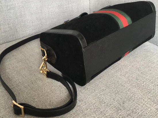 Gucci Ophidia Medium Top Handle Bag Black Suede with Black Patent Leather Trim