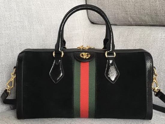 Gucci Ophidia Medium Top Handle Bag Black Suede with Black Patent Leather Trim