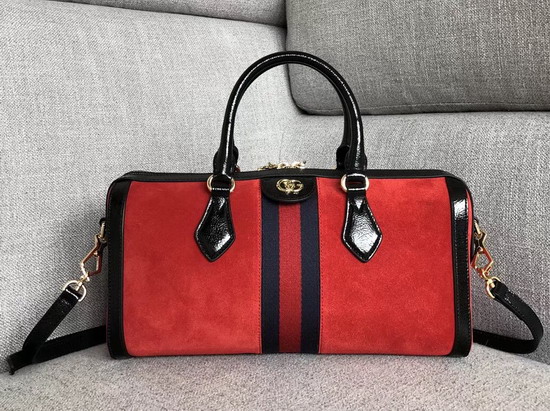 Gucci Ophidia Medium Top Handle Bag Red Suede with Black Patent Leather Trim