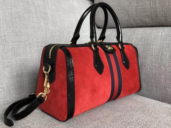 Gucci Ophidia Medium Top Handle Bag Red Suede with Black Patent Leather Trim