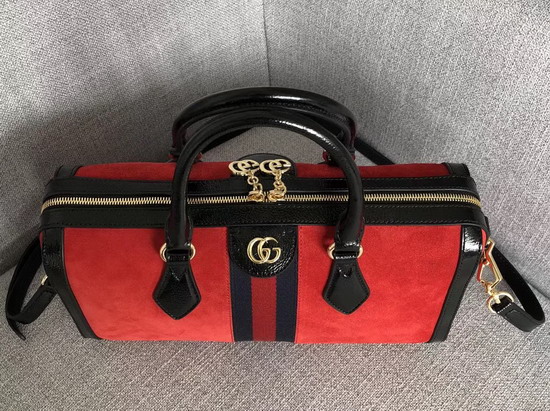 Gucci Ophidia Medium Top Handle Bag Red Suede with Black Patent Leather Trim