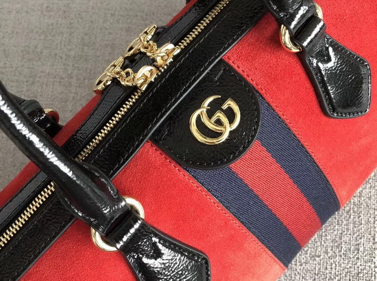 Gucci Ophidia Medium Top Handle Bag Red Suede with Black Patent Leather Trim