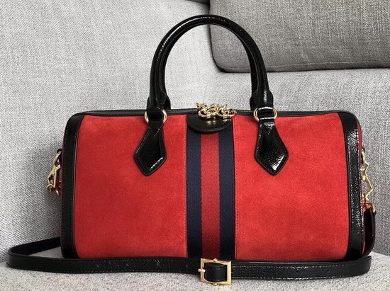 Gucci Ophidia Medium Top Handle Bag Red Suede with Black Patent Leather Trim