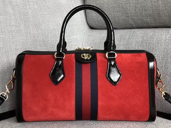 Gucci Ophidia Medium Top Handle Bag Red Suede with Black Patent Leather Trim