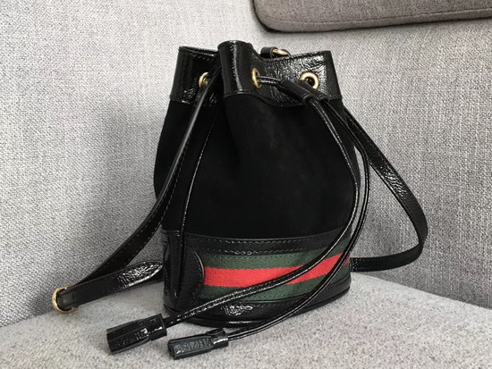 Gucci Ophidia Mini Bucket Bag Black Suede with Black Patent Leather Trim